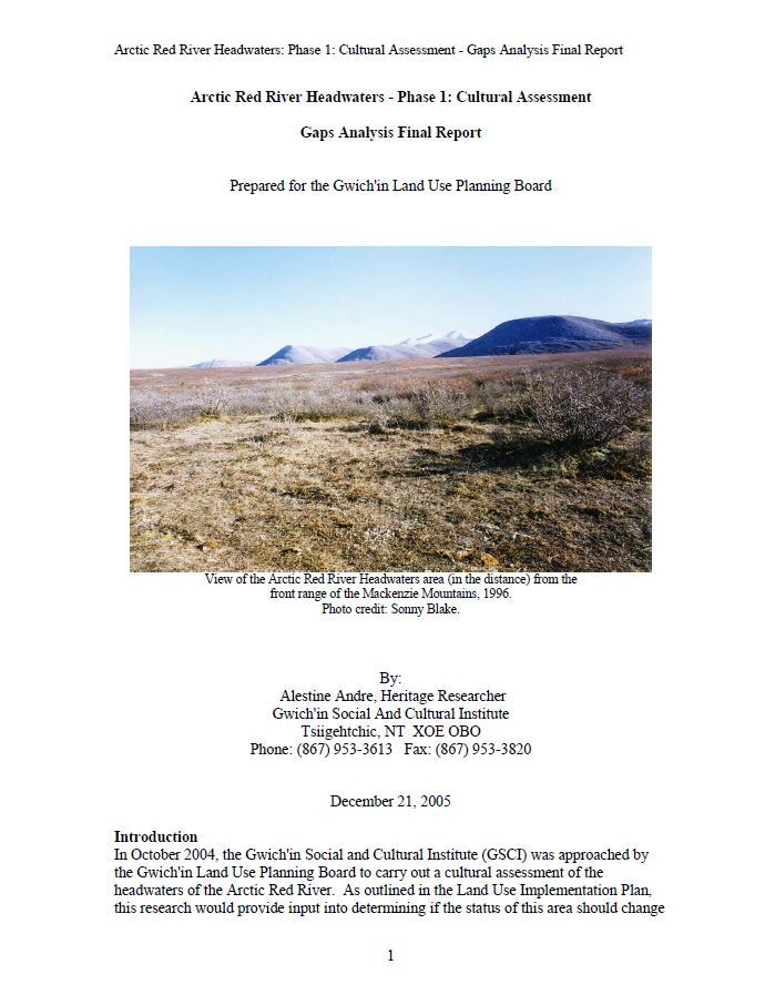 Arctic Red River Headwaters Phase I Cultural Assessment - Gaps Analysis Report Arctic Red River Headwaters Phase I Cultural Assessment - Gaps Analysis Report cover